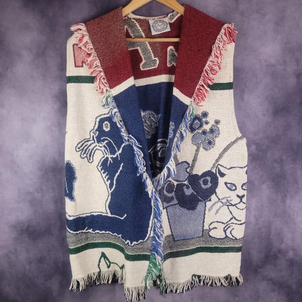 Vintage 90s Sugar Street Weavers kitty cat whimsical knit blanket sweater vest